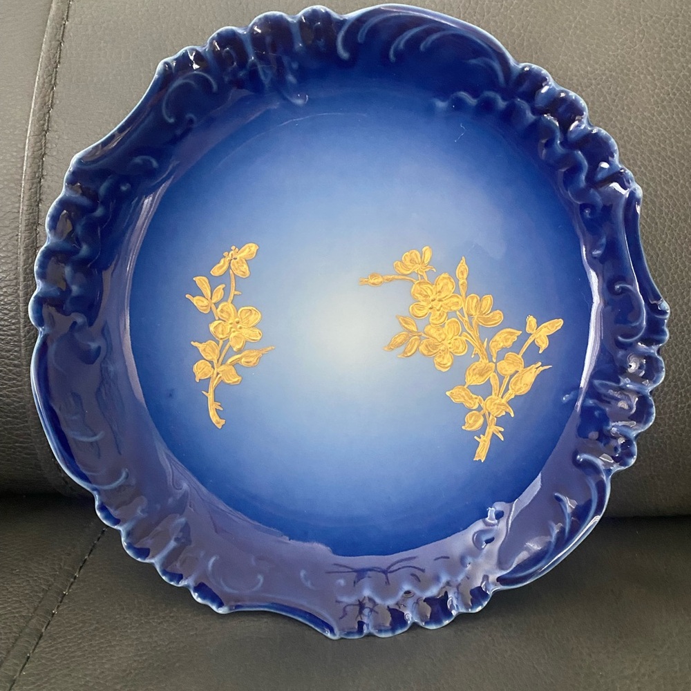 Antique Blue Plate with Gold Hand Painted Design Jean Pouyat in Limoges, France.